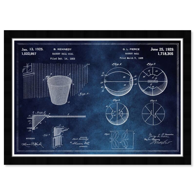 Wynwood Studio 'Basketball and Hoop Blue Chalkboard' Sports and Teams Blue Wall Art Framed Print