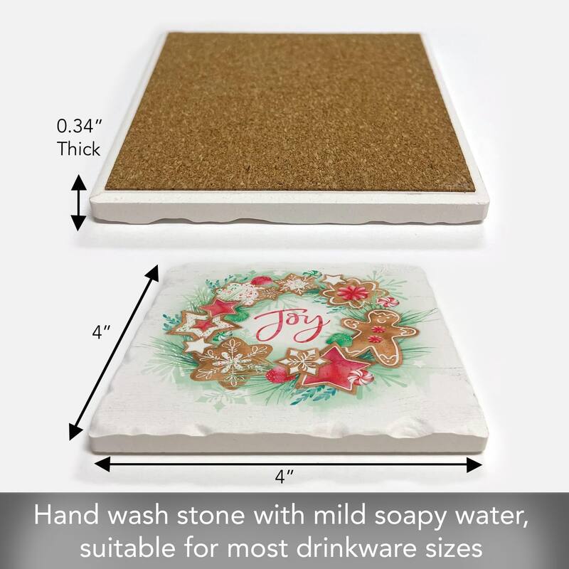Gingerbread Joy 4 Pack Tumbled Tile Stone Coaster with Protective Cork Backing Made in The USA 4" Square, Artistic, Wipes Clean