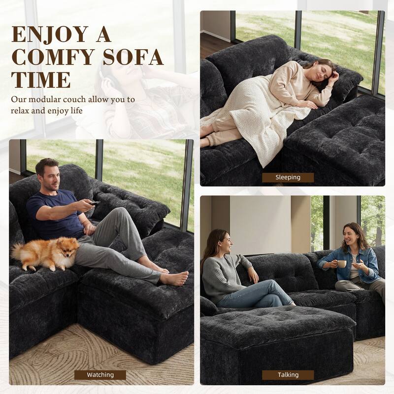 Rossetta 4-Seater Chenille Upholstery Modular Convertible Design Generous Seating Cushioned Sofa with 2 Versatile Ottomans