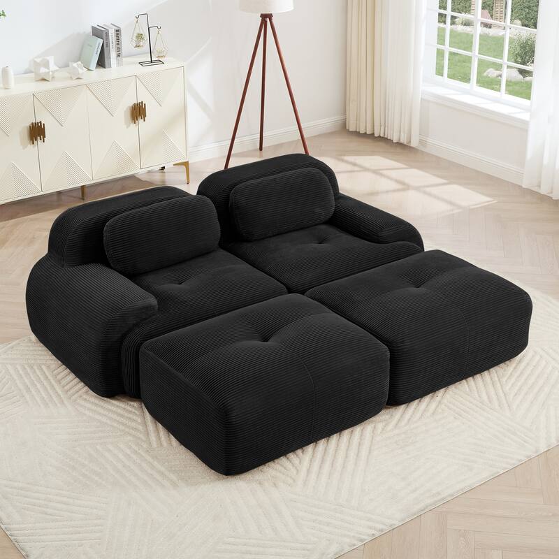 Corduroy Modular Boneless Sectional Sofa with Ottoman, Free combination, Pet-Friendly, No Assembly Required - Black 81.8" Bed