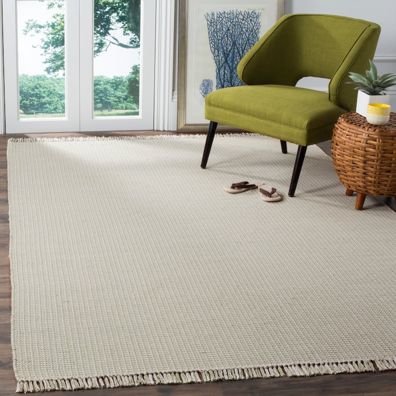 SAFAVIEH, Handmade Montauk Cliff Stripe Flatweave Cotton Fringe Rug - 4' x 6' - Ivory/Green