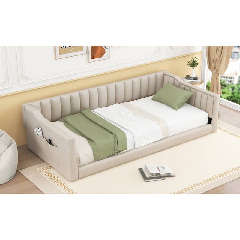 Twin XL Velvet Upholstered Daybed with Side Storage Pocket, Sloped Arms, and No-Box Spring Support