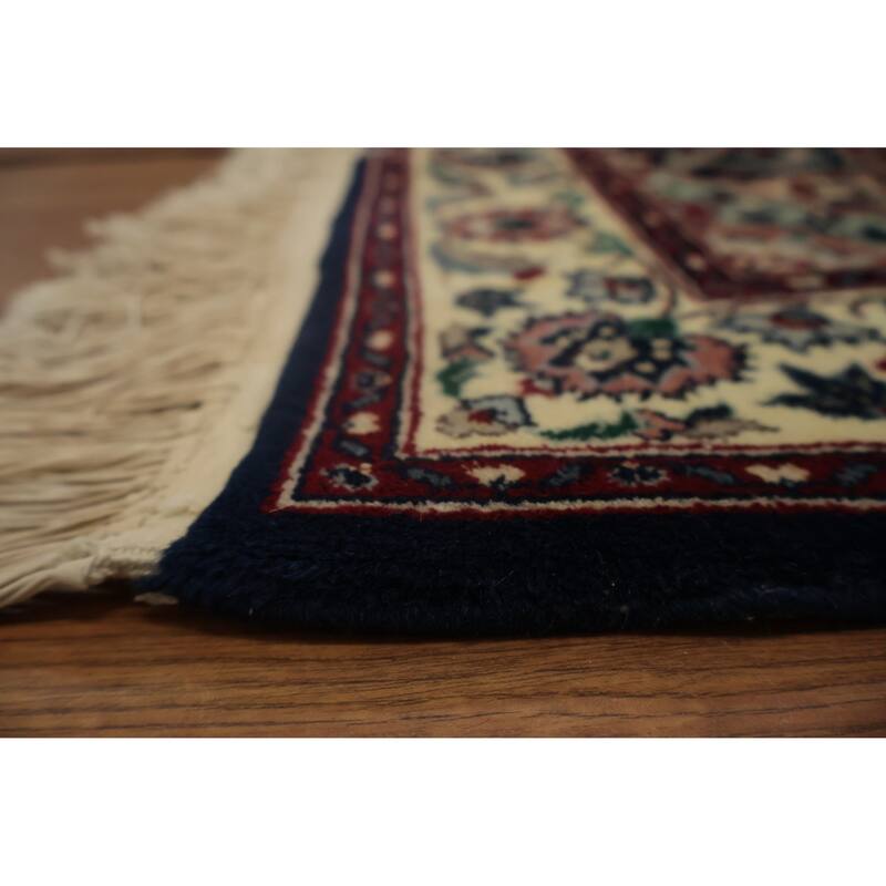 Hand Knotted Oriental 100% Wool Carpet Traditional Floral Navy Blue & Blues Kashan Runner Rug - 13' 10'' X 2' 7''