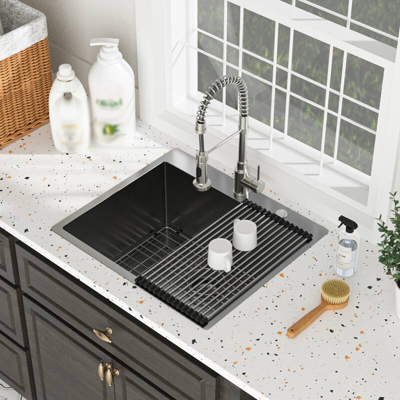 25" Drop-In 16 Gauge Single Bowl Stainless Steel Kitchen Sink in Gunmetal Black - 25'' x 22'' x 12''