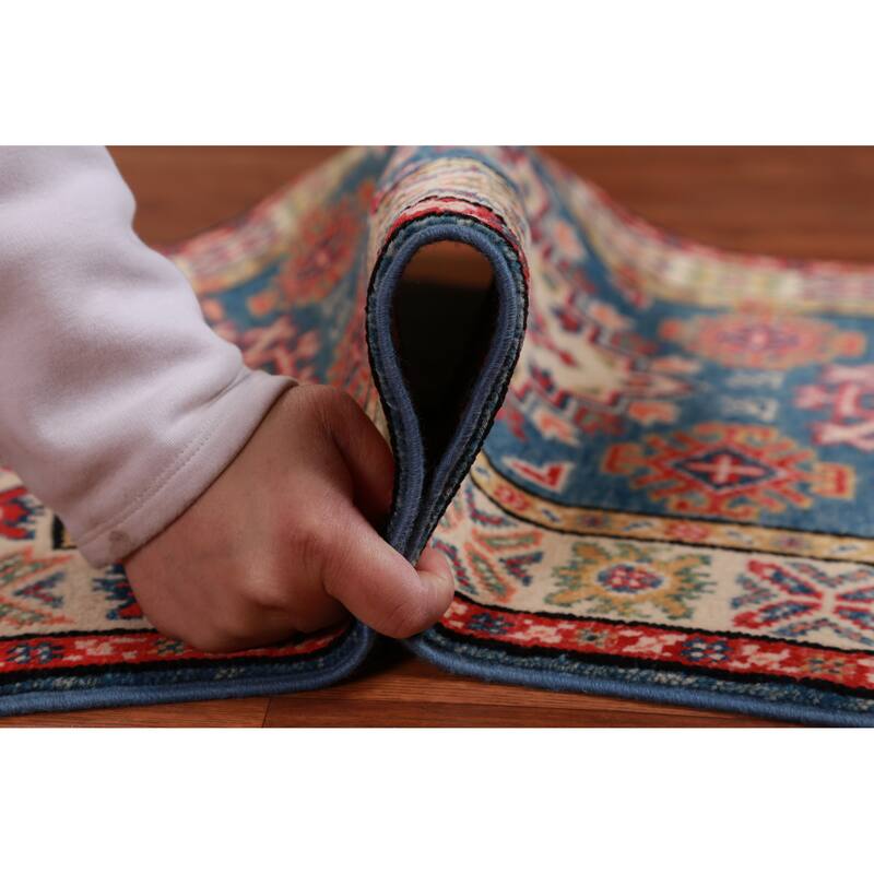Geometric Kazak Oriental Foyer Rug Hand-Knotted Blue Wool Carpet - 2'0"x 3'0"