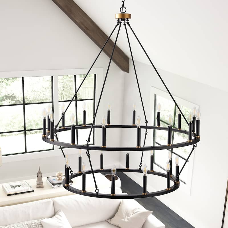 Black Industrial 28-Light Wagon Wheel 2-Tier Candle Style Chandelier