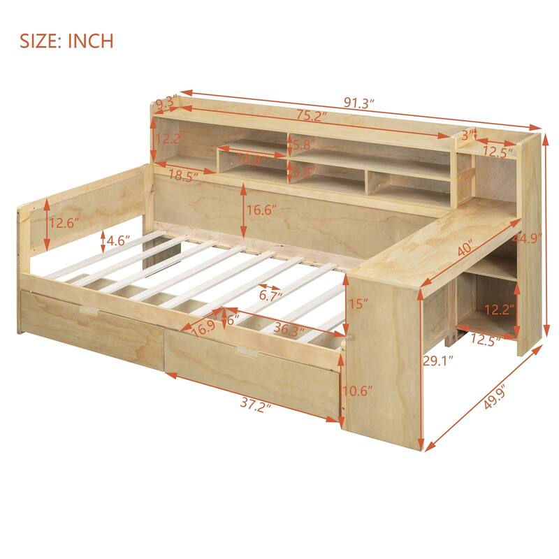 Modern Wooden Multi-functional Daybed with Storage Shelves and Drawers