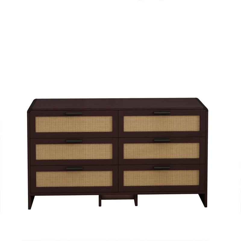 6 Drawer Double Dresser for Bedroom / Arc Shaped Corner Rattan Dresser Cabinet / Boho Chest of Drawers
