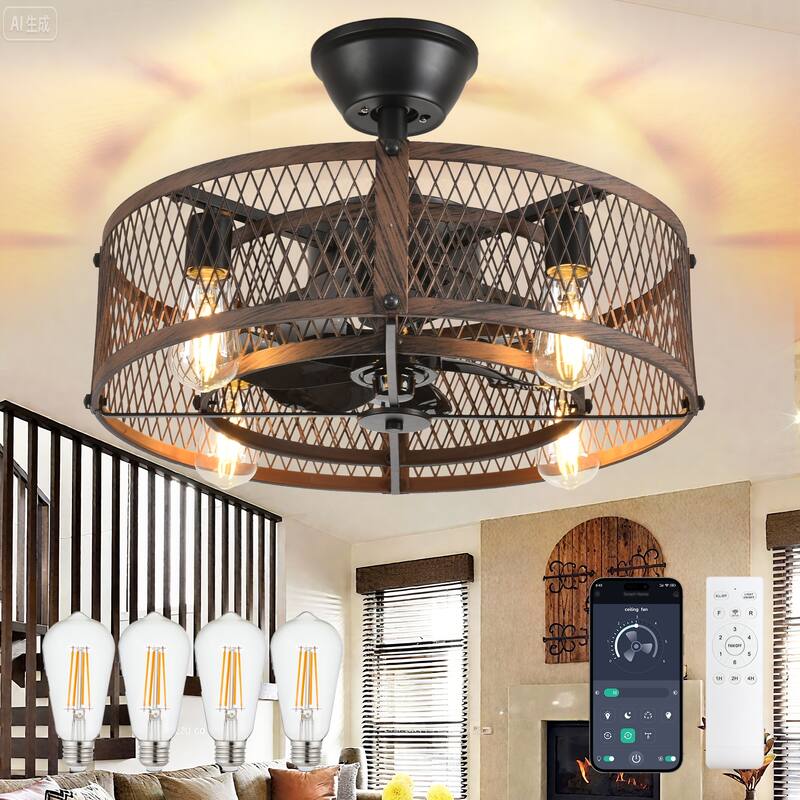 20-26" Caged outdoor Ceiling Fan with Light: Remote App Control-Farmhouse Fandelier Flush Mount Fixture Reversible 6 Speed Timer - 20in - Walnut