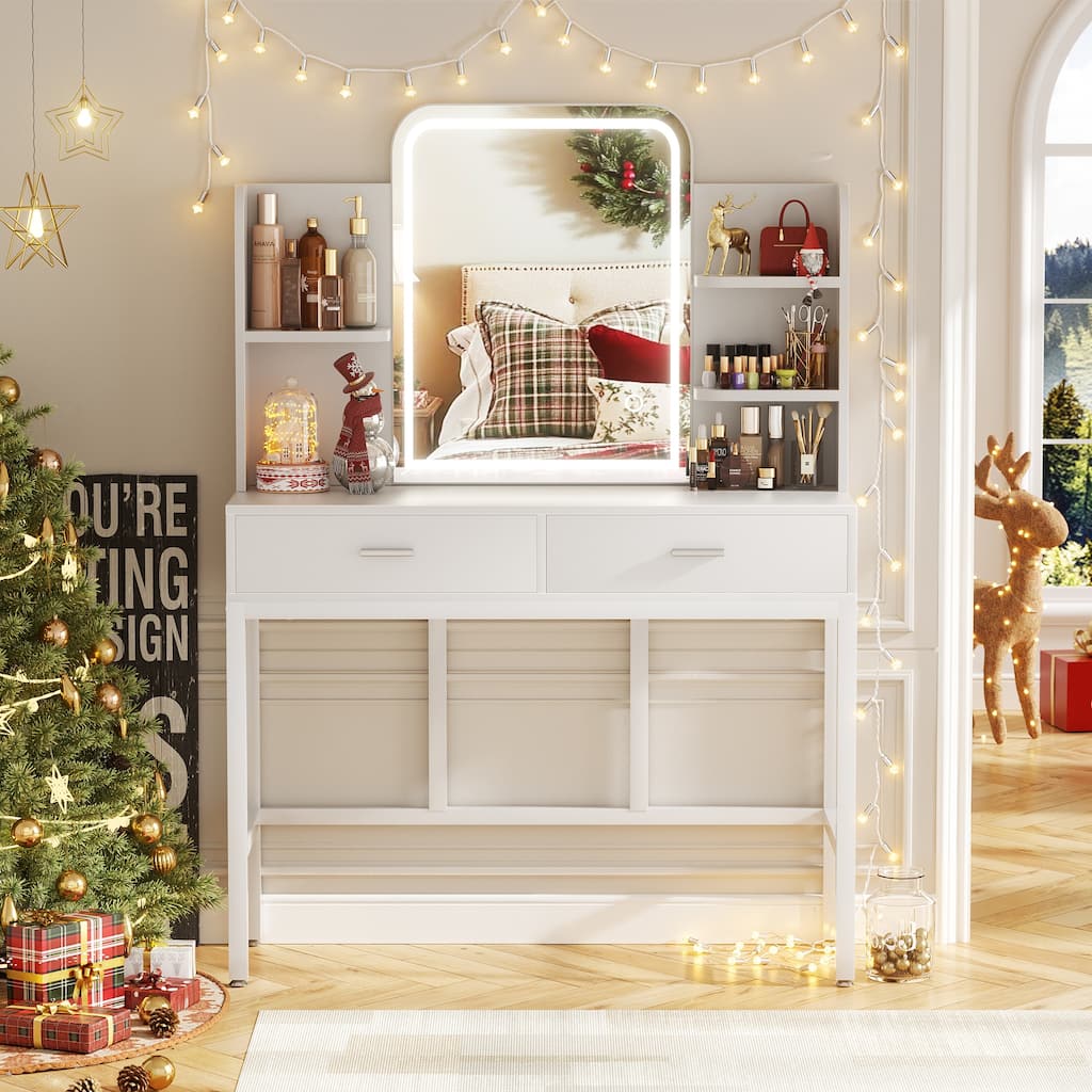 Modern Vanity Desk with LED Mirror, Makeup Table with Storage Drawers and Shelves - N/A