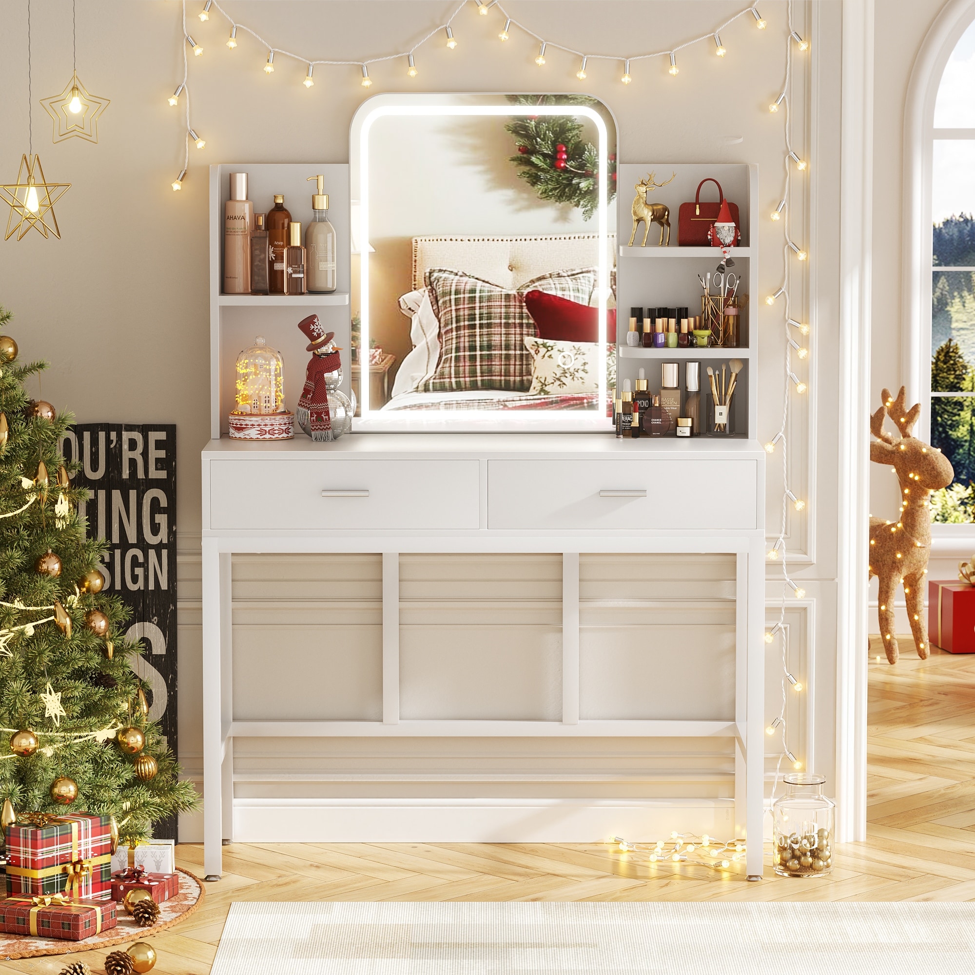 Modern Vanity Desk with LED Mirror, Makeup Table with Storage Drawers and Shelves - N/A