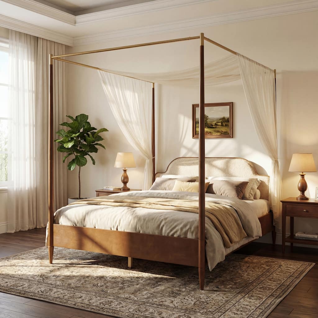 Christopher Knight Home - Contemporary Fleece Upholstered Canopy Bed Frame with Solid Wood Legs and Decorative Top Beams