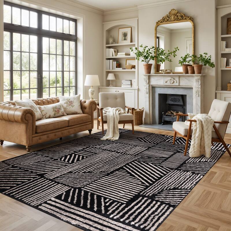World Rug Gallery Contemporary Boho Stripes Black Area Rug