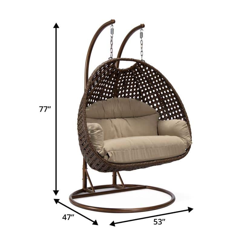 LeisureMod Mendoza Dark Brown 2 Seater Wicker Patio Hanging Double Swing Chair for Patio Porch Backyard Garden - 53"