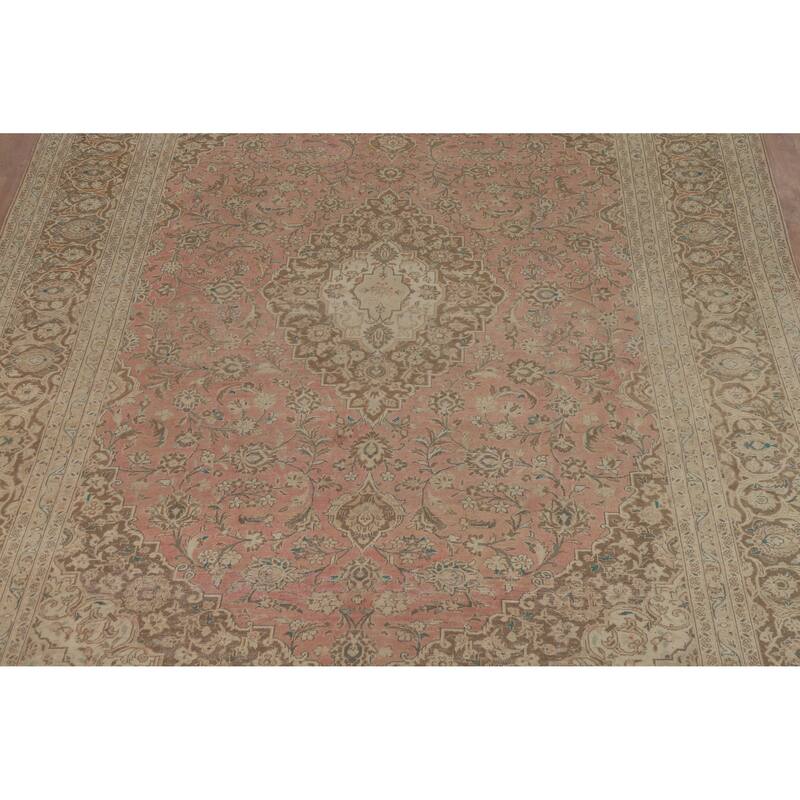 Traditional Pink Mashad Persian Vintage Area Rug Handmade Wool Carpet - 9'7" x 12'8"