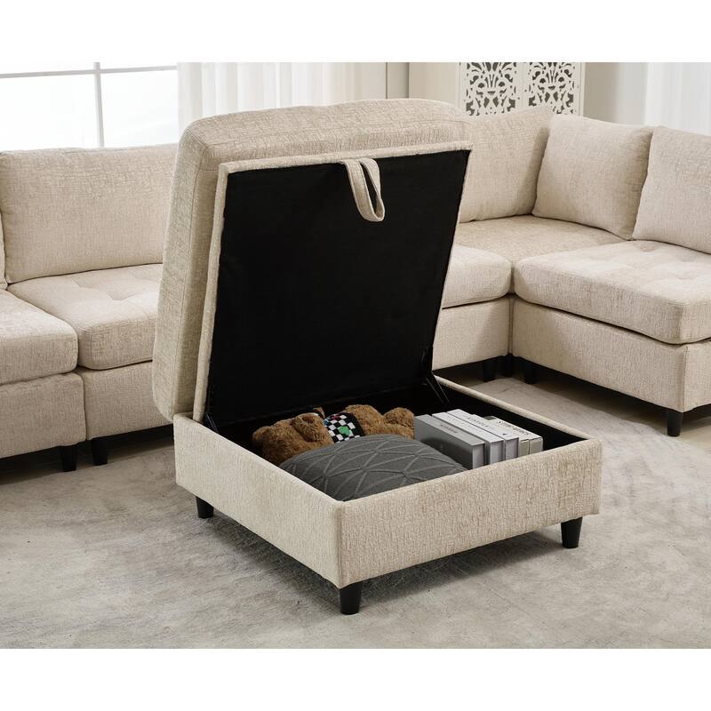 128" Chenille U-Shaped Modular Sectional Sofa with Storage Ottoman, Pocket Spring Support, and 6-Seat Configurable Design