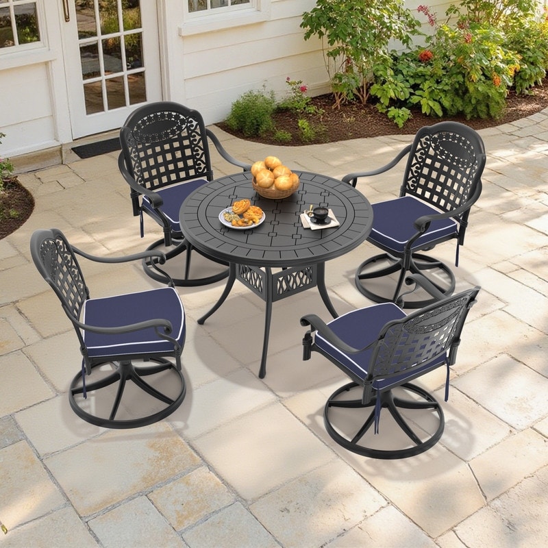 5-Piece Aluminum Round Outdoor Patio Dining Set, 4 Cushioned Swivel Chairs, Table, All-Weather Frames