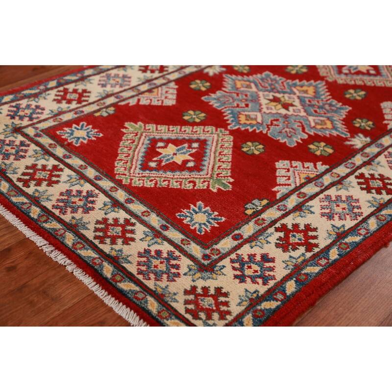 Red Geometric Kazak Oriental Foyer Rug Hand-Knotted Wool Carpet - 2'9"x 4'6"