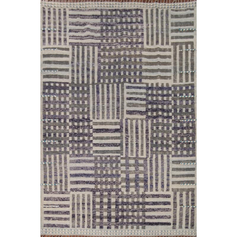 Striped Checkered Moroccan Oriental Area Rug Handmade Wool Carpet - 8'0"x 10'9"