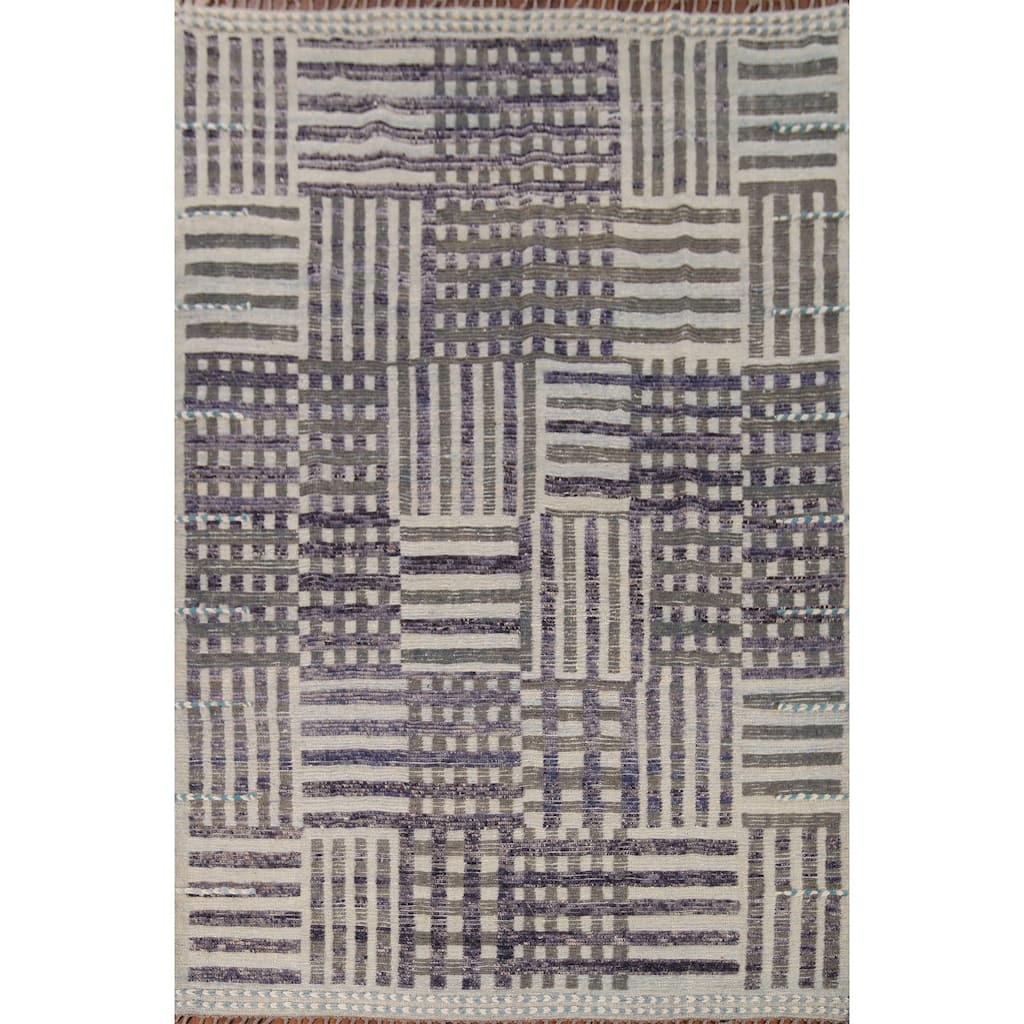 Striped Checkered Moroccan Oriental Area Rug Handmade Wool Carpet - 8'0"x 10'9"