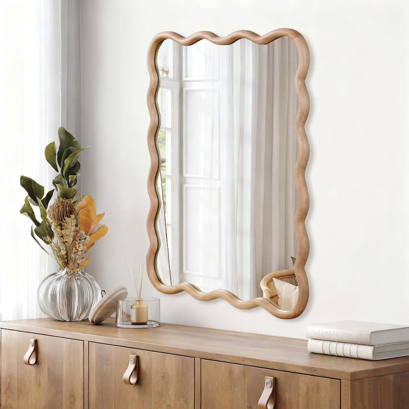 Wavy Rectangle Solid Wood Frame Decorative Mirror - Natural