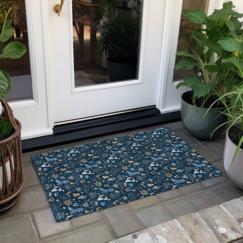 Machine Washable Indoor/ Outdoor Cowboy Ranch Chantille Rug - Navy - 1'8" x 2'6"