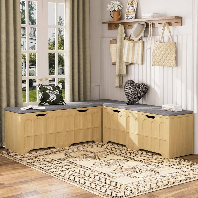 3-Piece L Shaped Corner Bench Set with Hidden Storage, 63" Kitchen Nook Seating, Wood Entryway Shoe Bench with Flip-Top