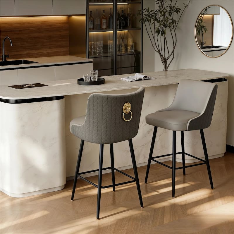Bar Stools for Kitchen Counter Height Leather 360° Swivel Footrest - Grey and Dark Grey - Set of 2