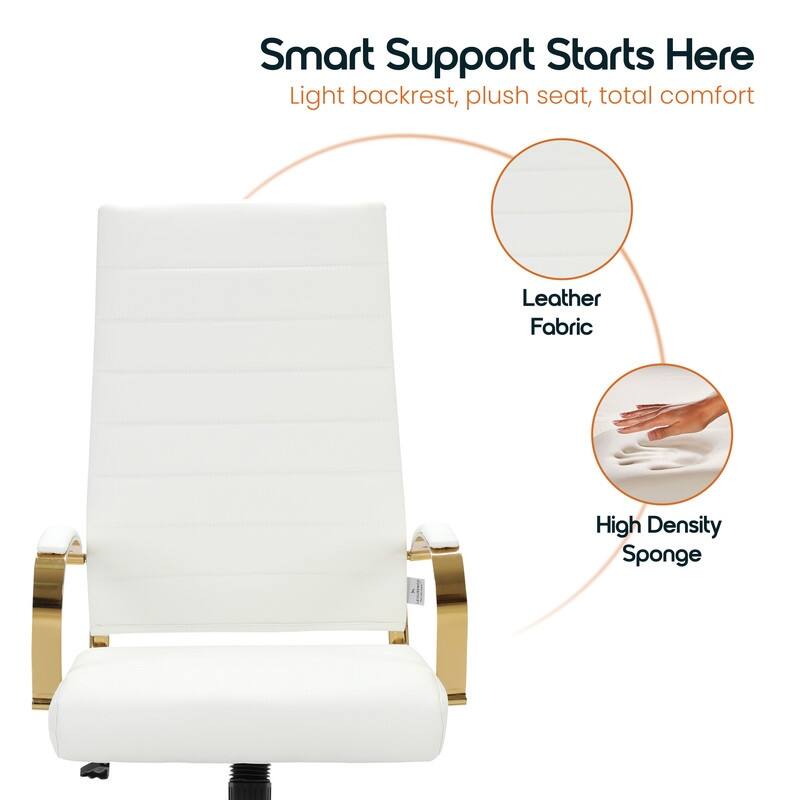 Benmar Ergonomic Ribbed Back Gold Frame Leather Executive Office Chair with Adjustable Height, Tilt, Swivel & Smooth Casters