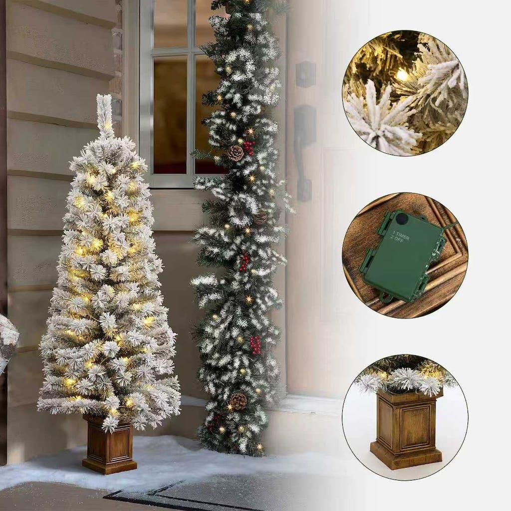 4Ft Pre-Lit Potted Artificial Flocked Fir Christmas Tree, Battery-Operated with Timer - 4'
