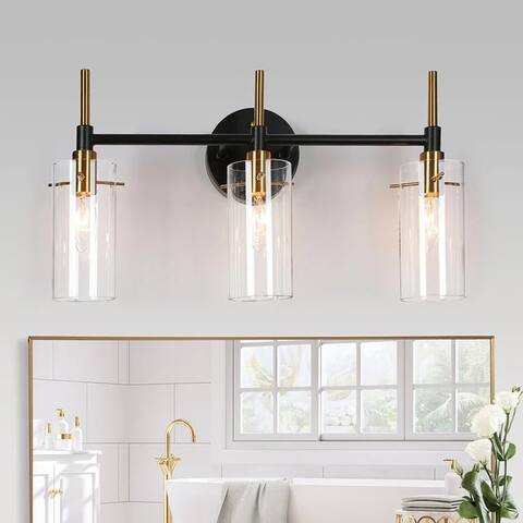 3-Light Modern Bathroom Vanity Lights Black Gold Wall Sconces with Cylinder Glass - 19.5" L x 6" W x 11" H