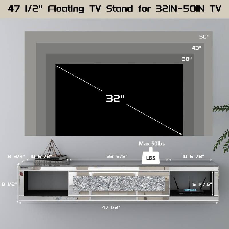 Mirrored Floating TV Shelf Crushed Diamonds Wall Mounted