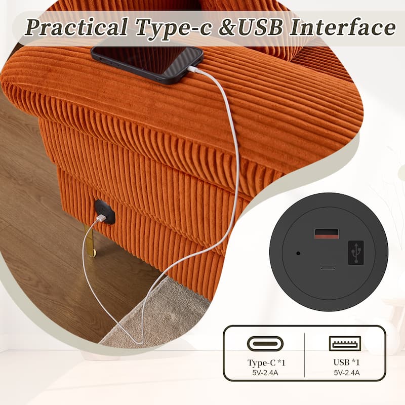 HOMEFUN Corduroy Upholstered U-shaped Adjustable Light Modular Sectional Sofa With Type-C and USB ports