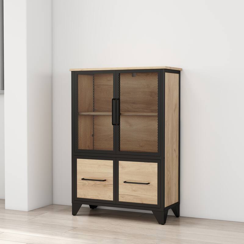 Storage Cabinet With 4 Iron Doors,Black Metal Handle,Sideboard With Adjustable Shelf,Black Sturdy Metal Frame and Metal Legs