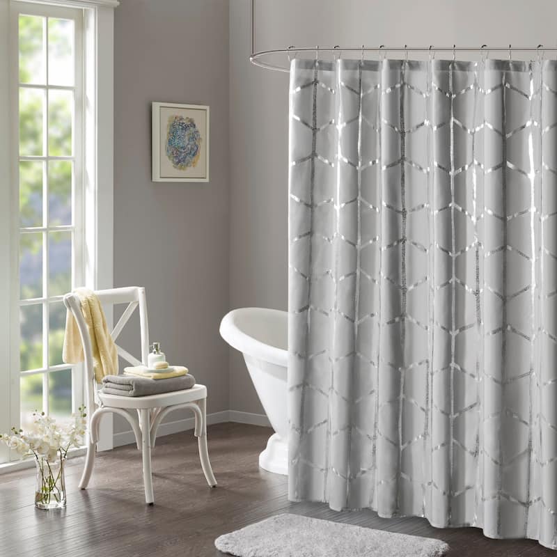 Intelligent Design Khloe Geometric Metallic Printed Shower Curtain - Grey/ Silver