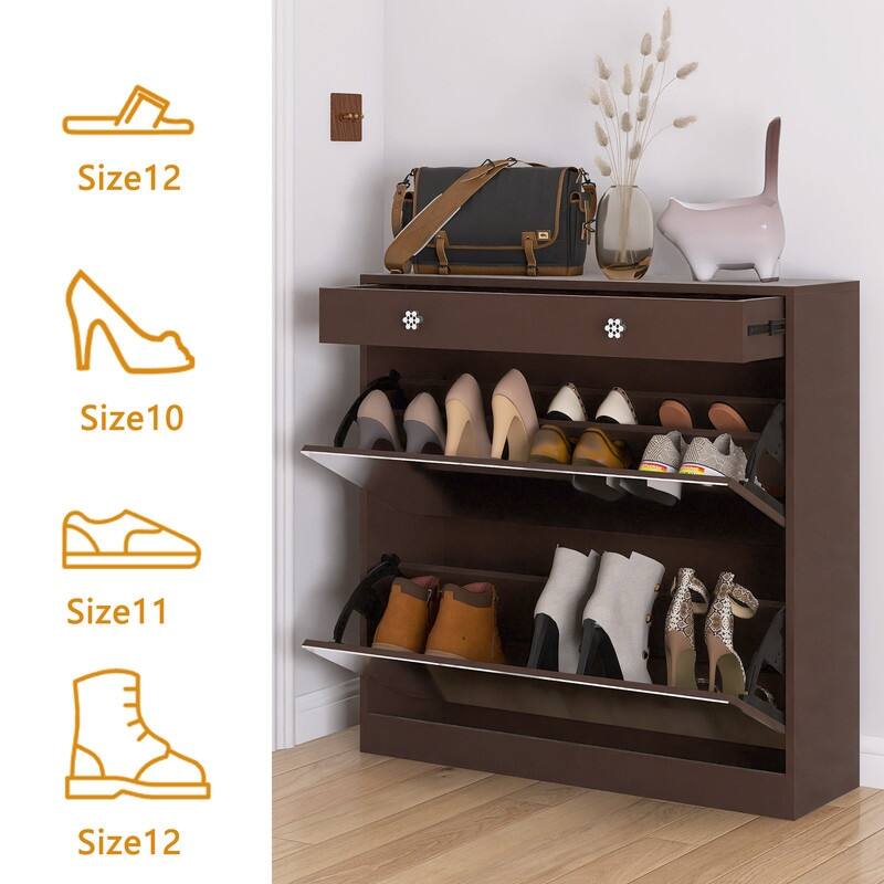 Mirrored Shoe Cabinet with Drawers - Space-Saving Entryway Organizer in Brown Finish