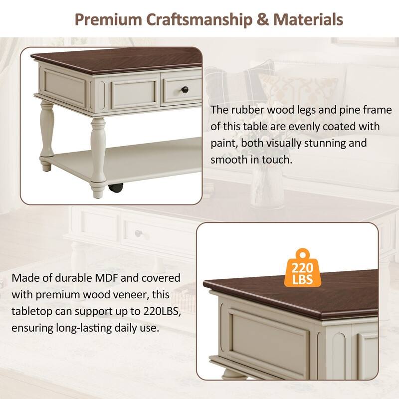 Farmhouse 47.2" Coffee Table with Drawer, Retro Design Easy Assembly and Movable Lockable Wheels for Living Room