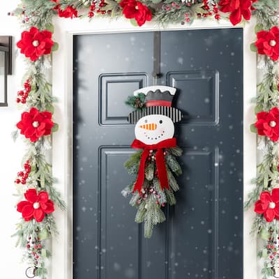 Glitzhome 25"H Greenery Floral Snowman Door Hanger Wall Hanging Decor