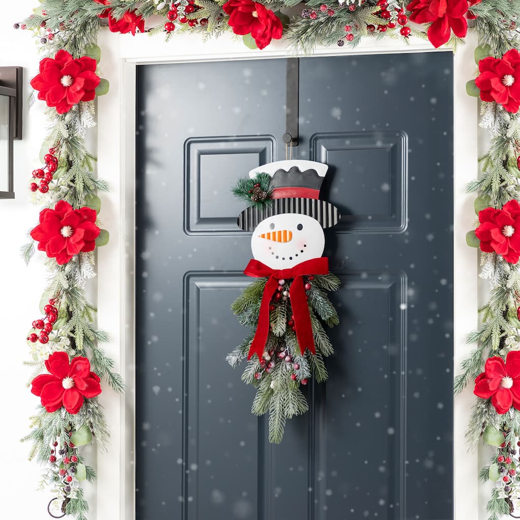 Glitzhome 25"H Greenery Floral Snowman Door Hanger Wall Hanging Decor