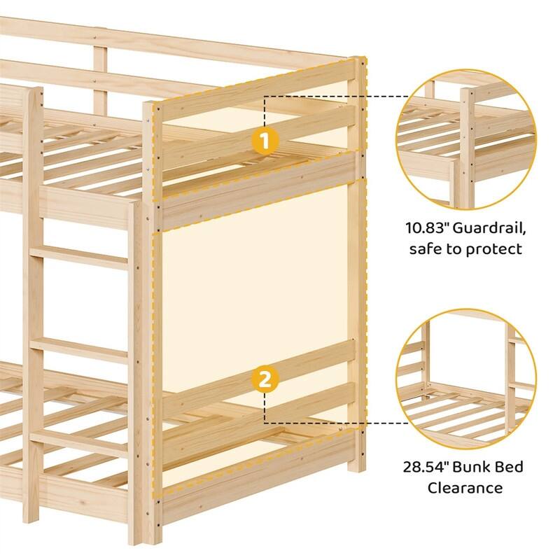 Kids Low Floor Bunk Bed Twin Over Twin With Guard Rails And Stairs