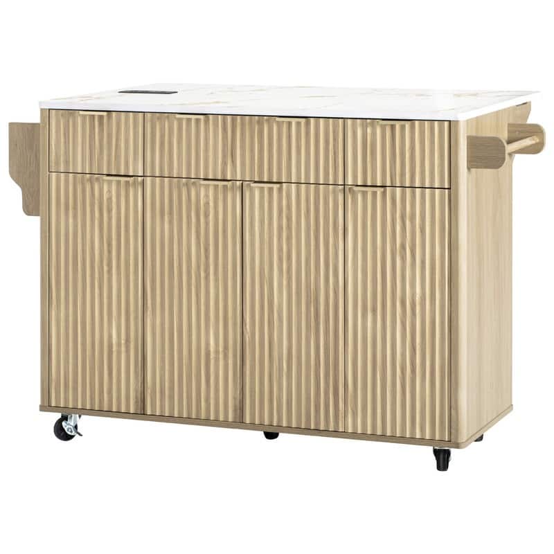 Fluted 55.5" Kitchen Island with Drop Leaf, Rolling Island Table with Drawers, Power Outlet for Functional Kitchen Organization