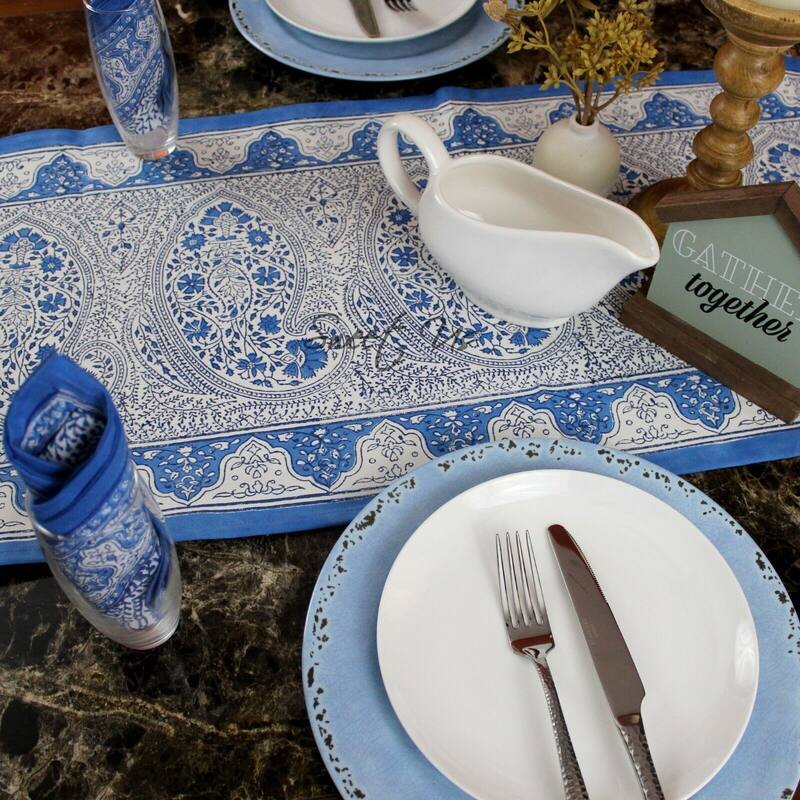 Boho Paisley Floral Block Print Cotton Tablecoth Collection - Runner