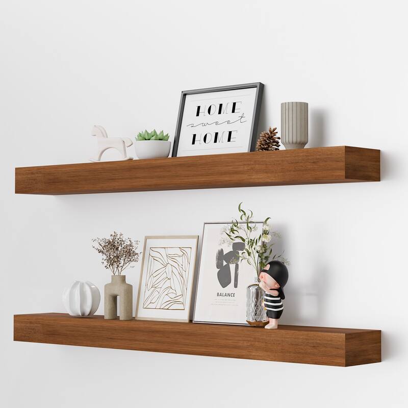 Set of 4 Wooden Floating Wall Shelves for Bathroom, Kitchen, Living Room - Walnut - 30"-Wood