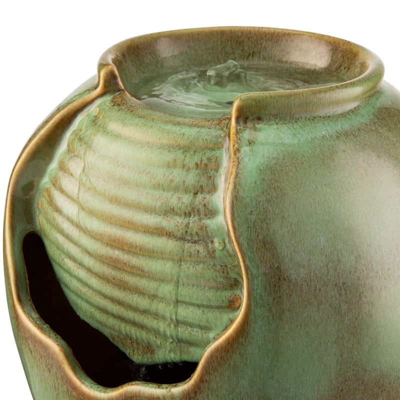 Glitzhome 9"H Leaf Textured Ceramic Jar Indoor Tabletop Water Fountain with LED Lights