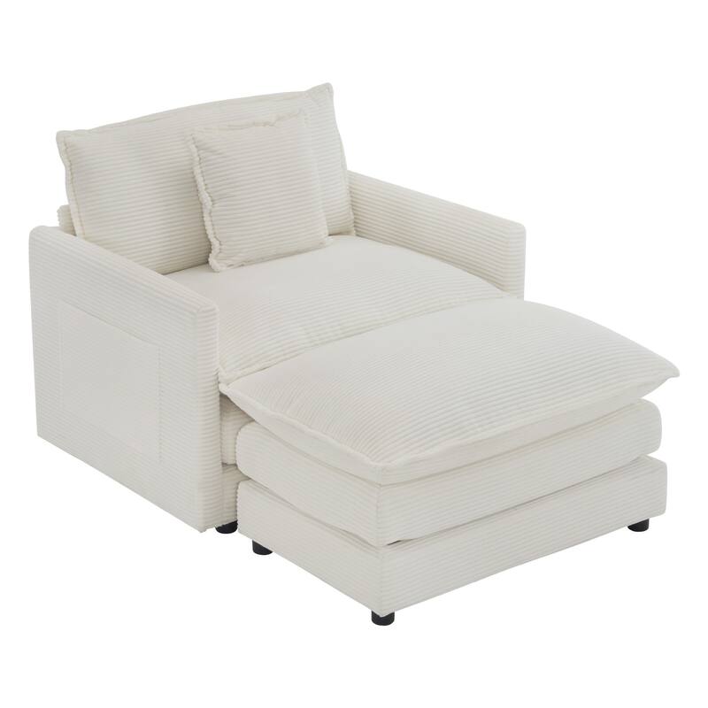 Corduroy Armchair with Ottoman, Storage Pockets and 2-Layer Foam Cushions