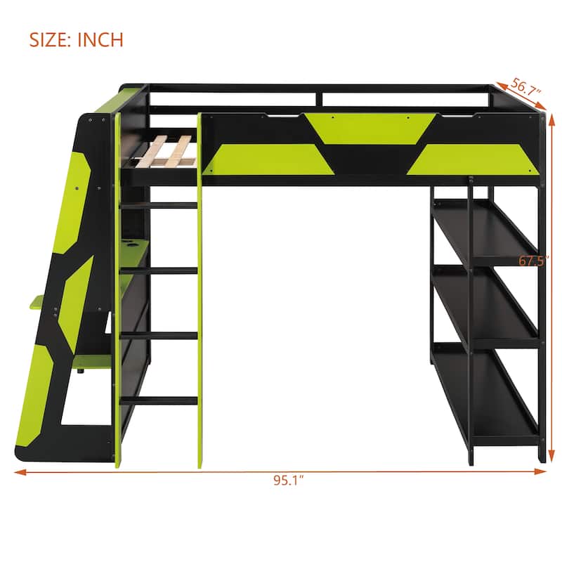 Full Size Gaming Loft Bed Station with Desk, Storage Shelves & RGB LED Lights