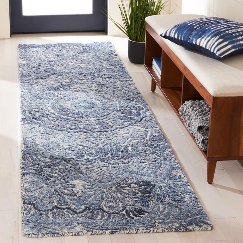 SAFAVIEH Handmade Marquee Genta Modern Medallion Wool Rug - 2'3" x 12' - Blue/Grey