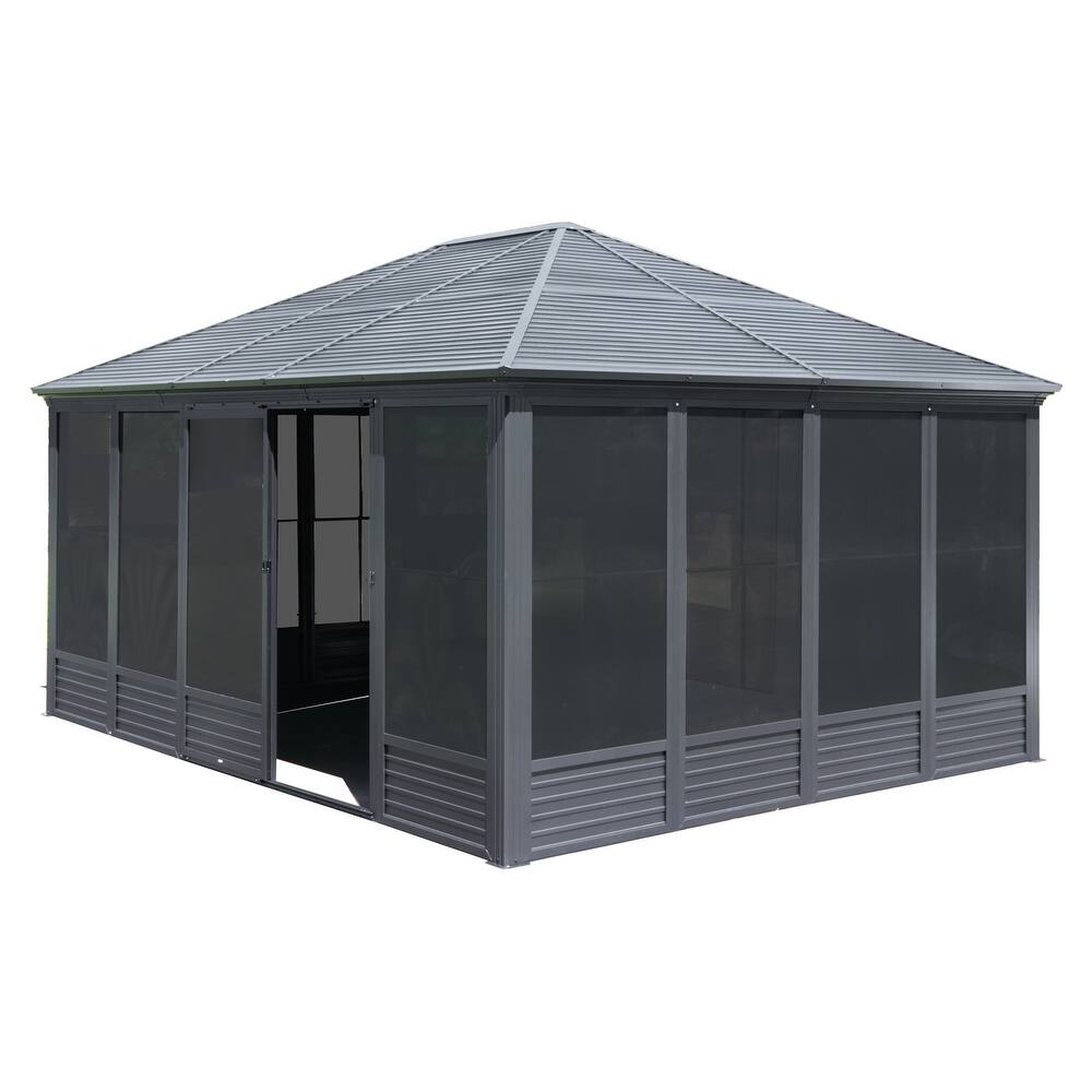GDFStudio - Terry Four-Season Aluminum Sunroom Gazebo with Sliding Doors, Steel Roof, and Screen Panels for Patio