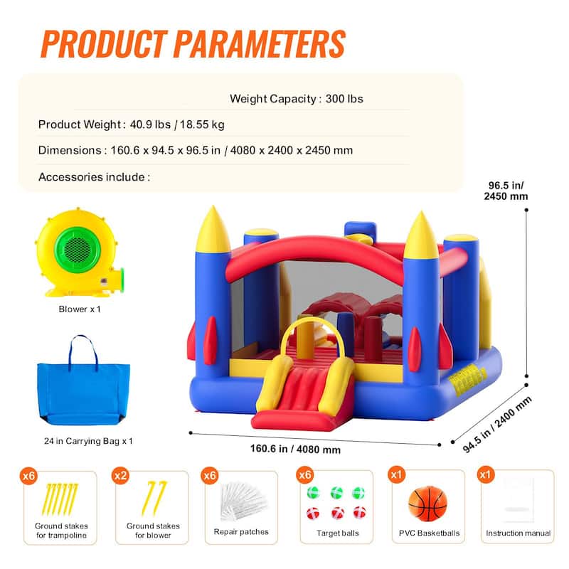 Inflatable Jumping Trampoline Bounce Playhouse with Blower Slide and Storage Bag Ideal for Kids - 160.6” x 94.5” x 96.5”