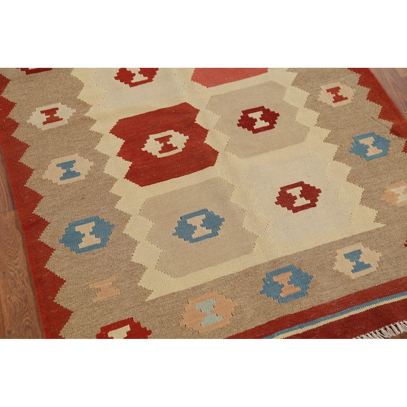 Hand-Woven Geometric Kilim Persian Accent Rug Handmade Wool Carpet - 3'2"x 4'11"